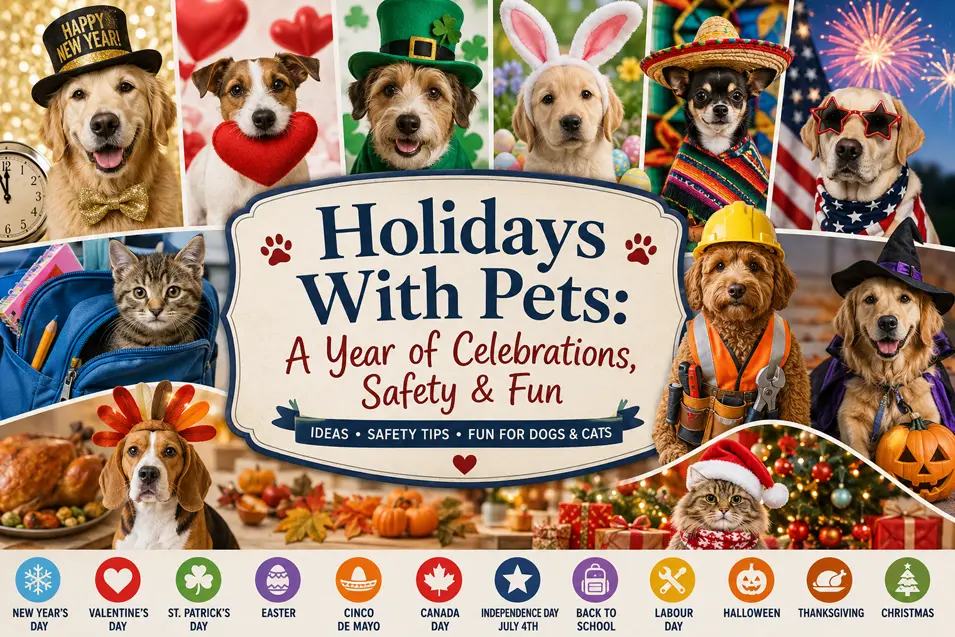 Festive collage of dogs and cats celebrating holidays throughout the year, from New Year’s and Easter to Halloween and Christmas.