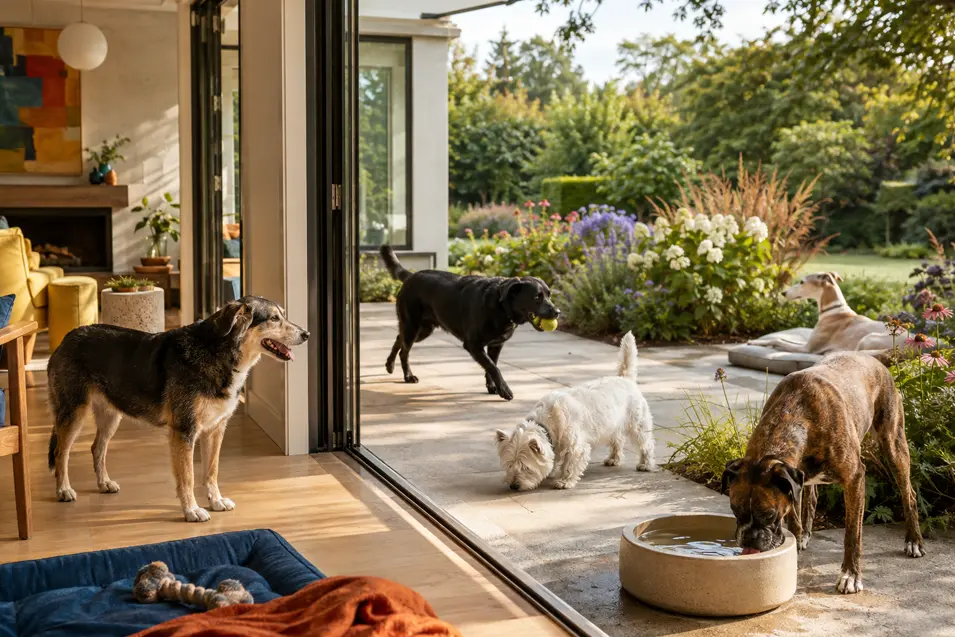 Five dogs play, explore and relax between a colourful contemporary home and its lush, sunlit garden.