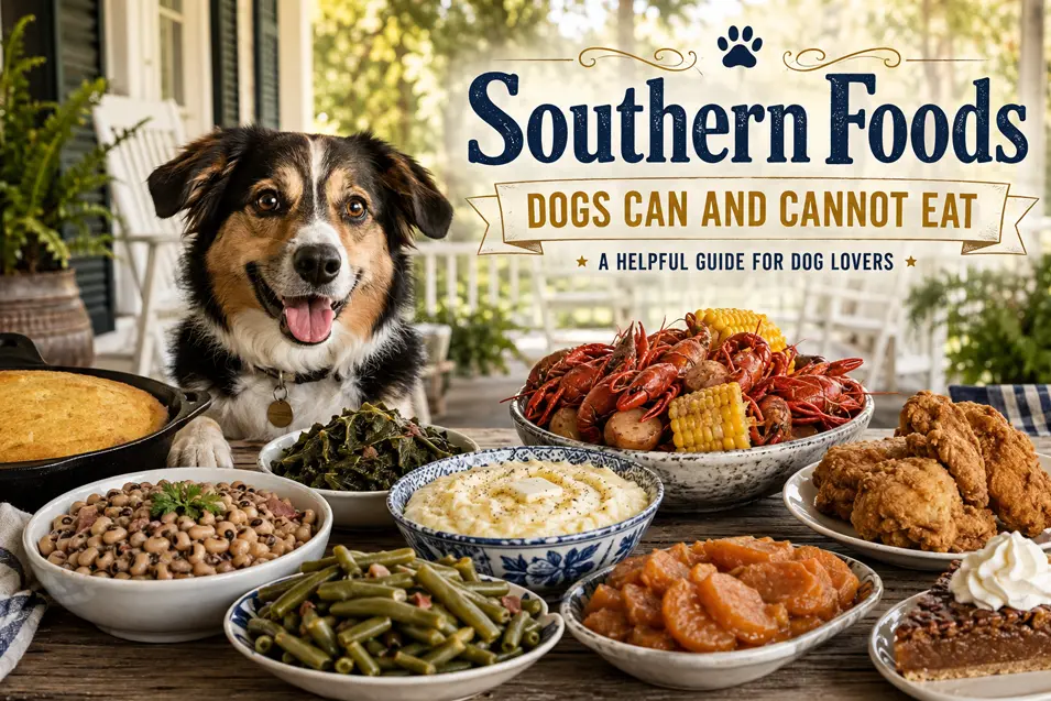 A happy dog sits beside a Southern food spread featuring black-eyed peas, crawfish, cornbread, greens, grits, and fried chicken.