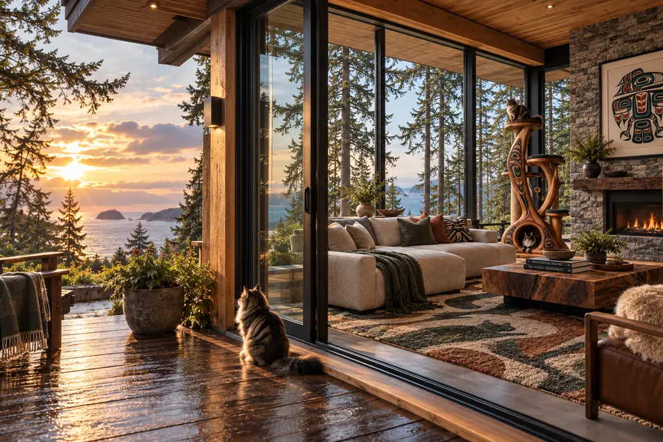 West Coast home at sunset with ocean views, natural wood, Indigenous-inspired art, a sculptural cat tree and cats enjoying the setting.