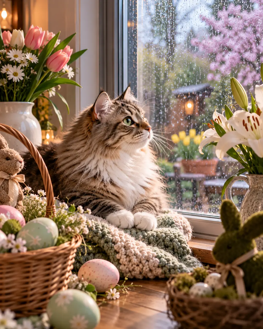 A fluffy cat watches a spring rain from a cozy windowsill, surrounded by Easter eggs, flowers and charming bunny decorations.