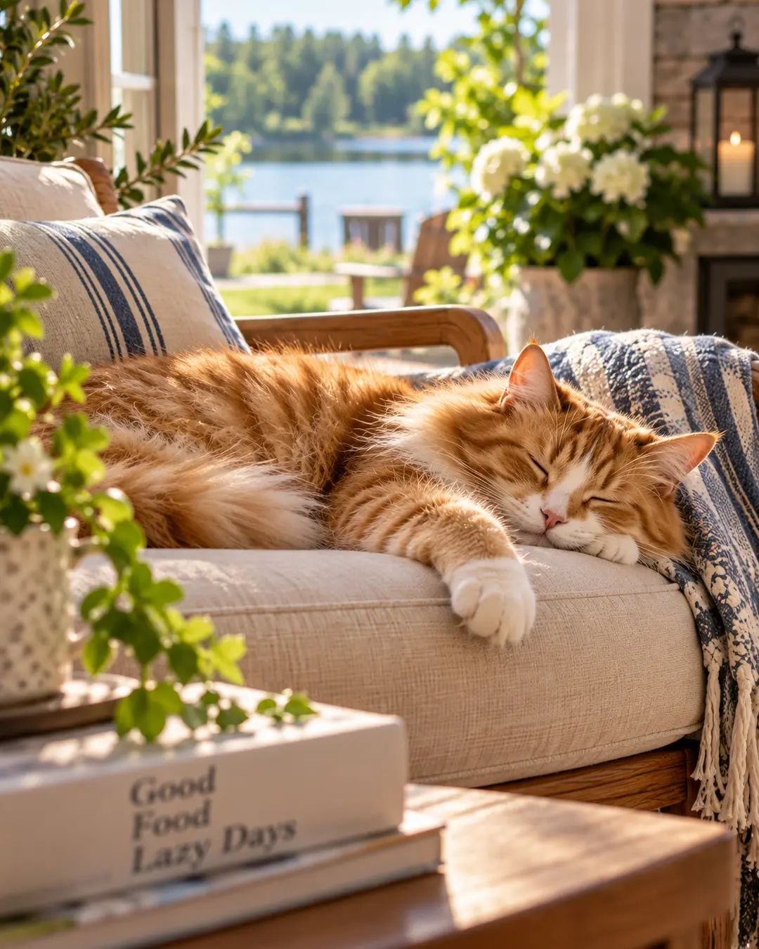 A fluffy orange-and-white cat naps in a sunlit chair beside an open window, with lush greenery and a peaceful lake beyond.