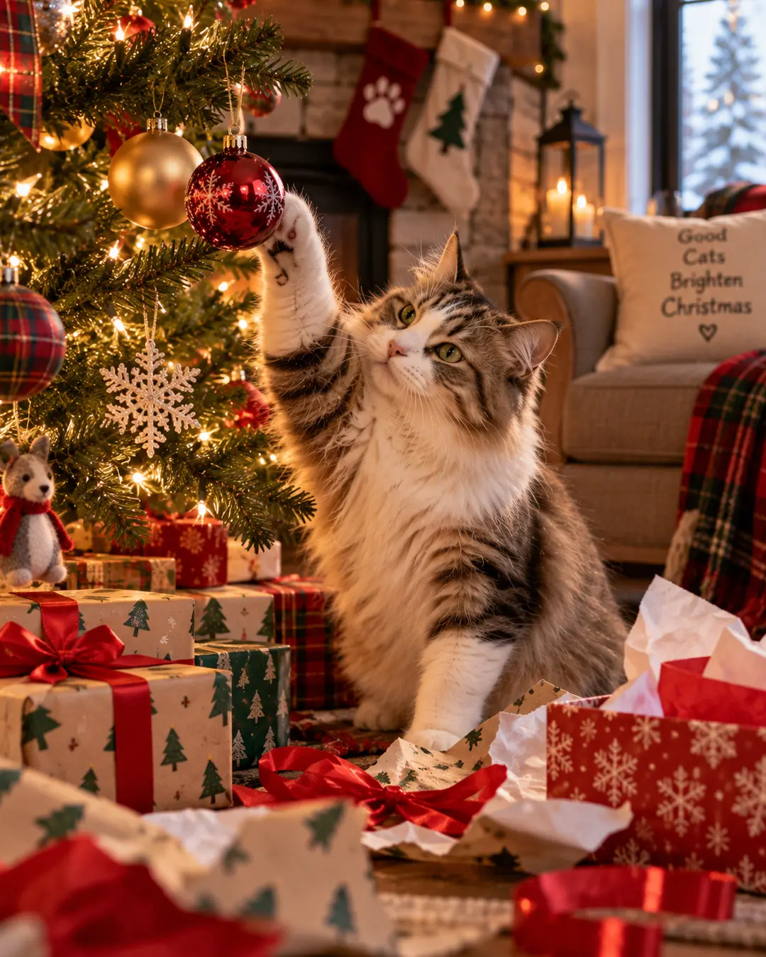 A playful fluffy cat reaches for a Christmas ornament beside a glowing tree, surrounded by wrapped gifts, ribbons and festive decorations.