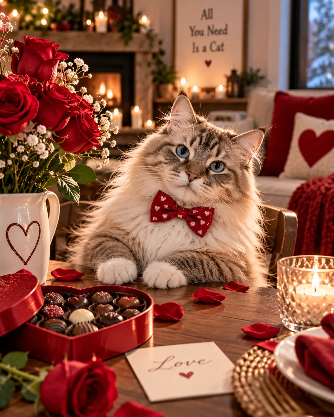 A fluffy blue-eyed cat in a heart-covered bow tie sits among roses, chocolates and candles, ready to be someone’s very furry Valentine.