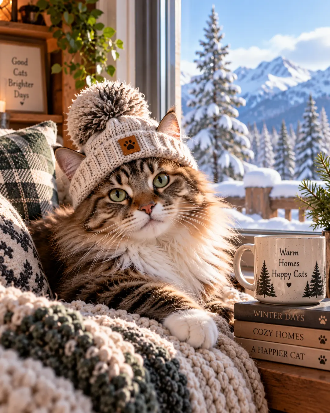 A fluffy cat wearing a cozy knit toque lounges by the window, perfectly dressed for a snowy winter day in the mountains.
