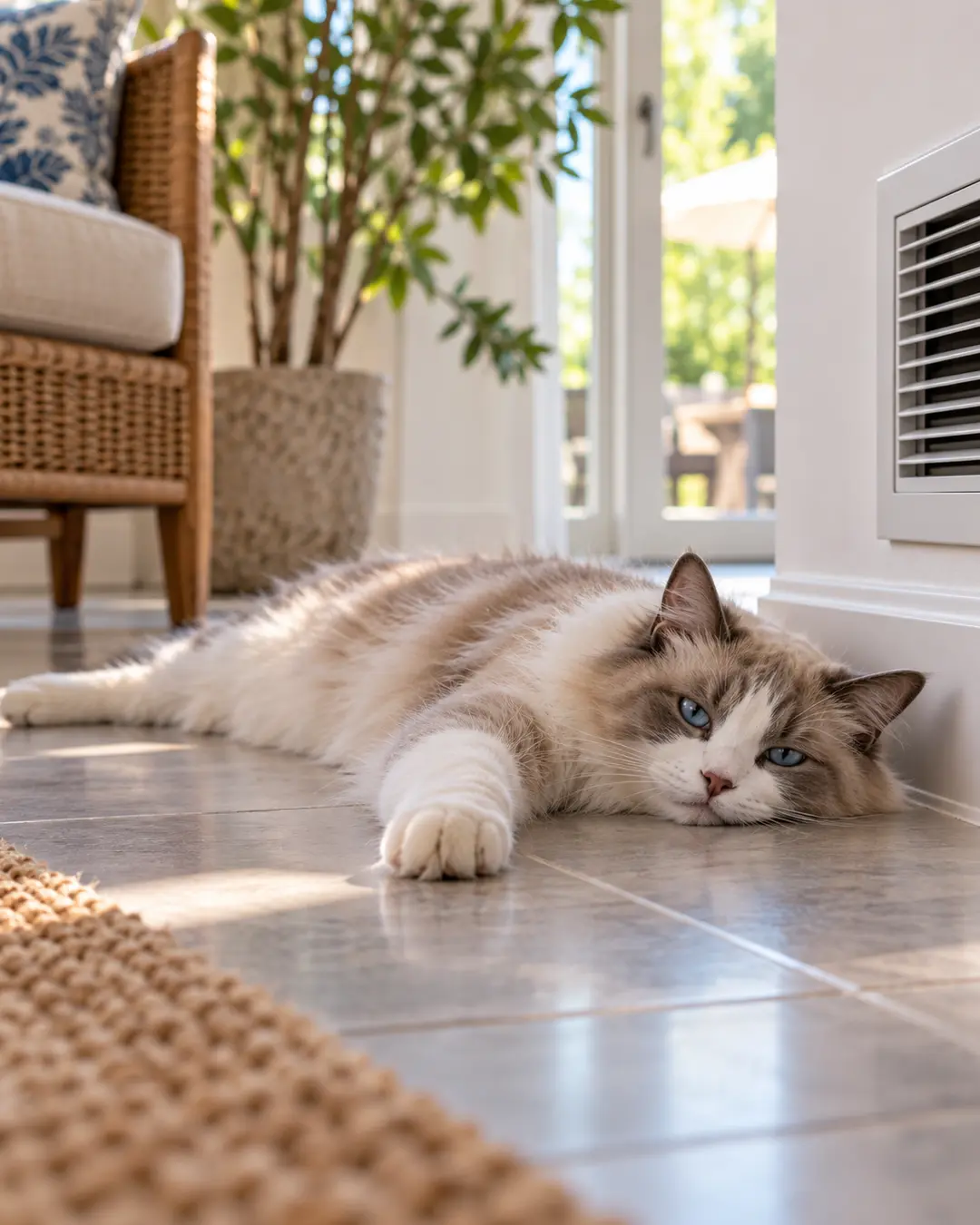 A fluffy blue-eyed cat stretches out on a cool tile floor beside an air vent, enjoying a sunny summer day indoors.