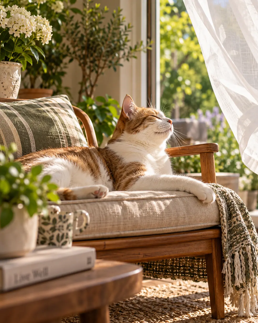 A relaxed orange-and-white cat lounges in a sunlit chair beside an open window, surrounded by greenery and a softly billowing curtain.