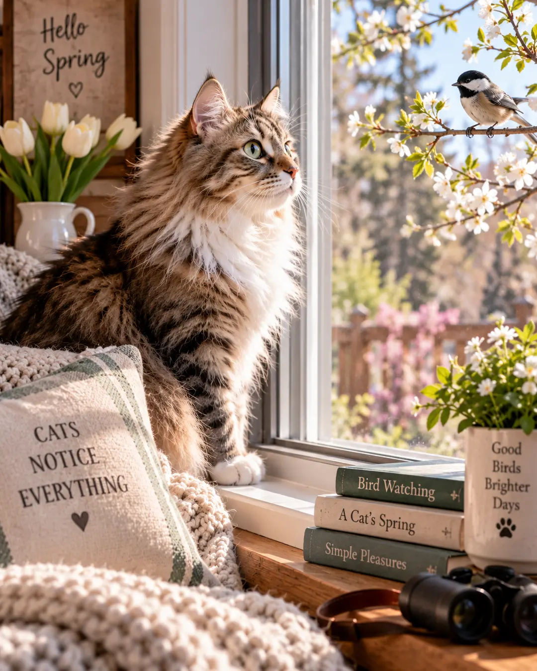 A fluffy cat watches a chickadee from a sunny windowsill as spring blossoms outside, captivated by nature’s return after winter.