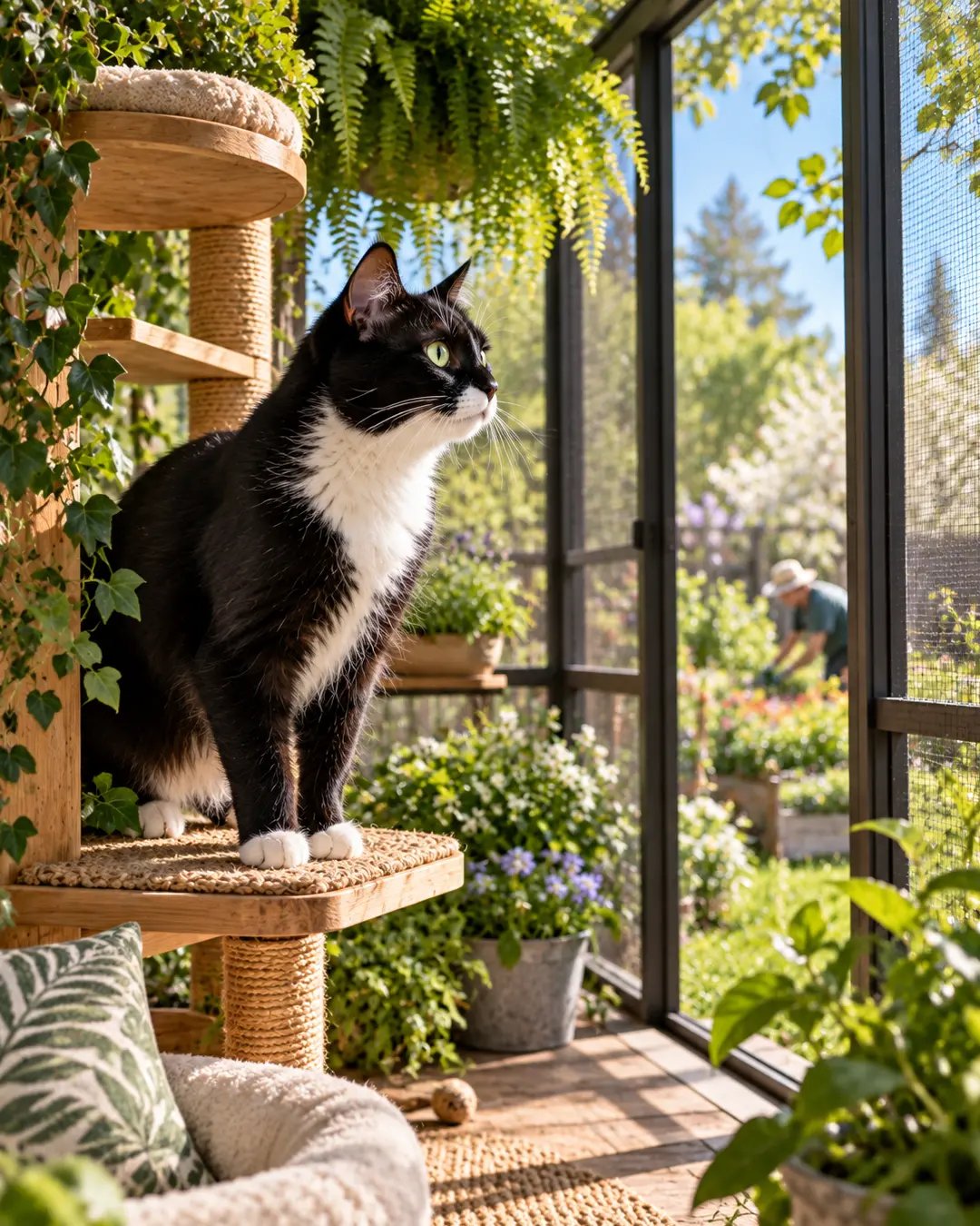 A tuxedo cat enjoys a secure screened porch, watching the sunny garden from its cat tree while staying safely protected indoors.