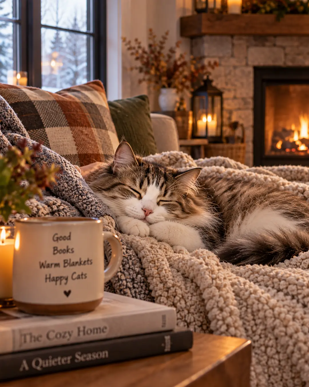 A fluffy tabby cat sleeps beneath warm blankets in a cozy living room, with candles glowing and a fire burning in the stone fireplace.
