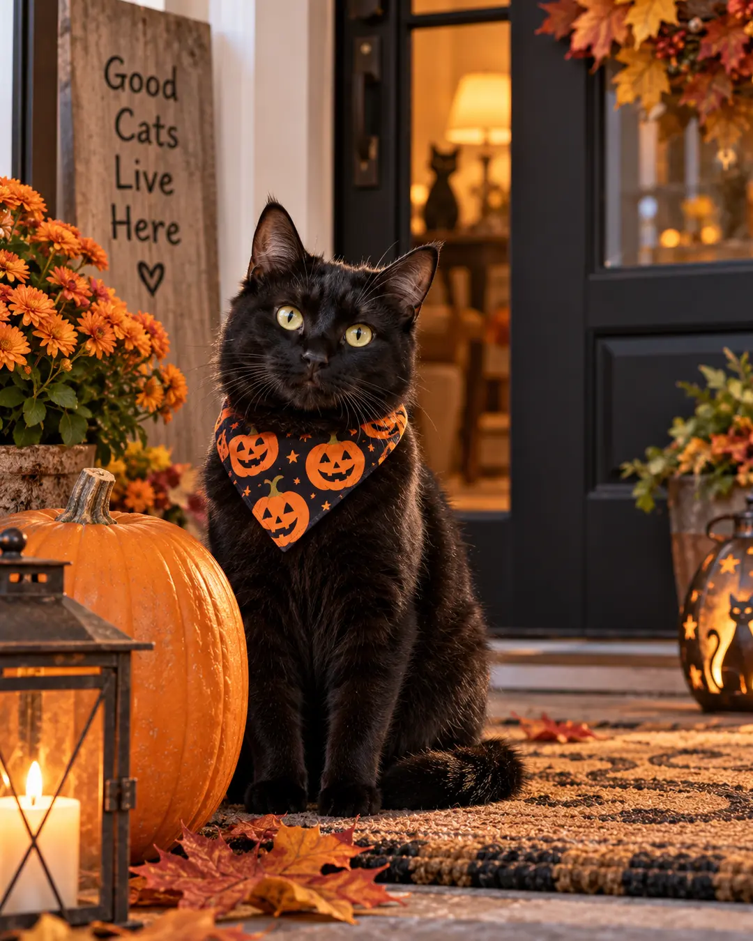 A black cat in a pumpkin bandana sits on an autumn porch surrounded by pumpkins, fall leaves, flowers and glowing lanterns.
