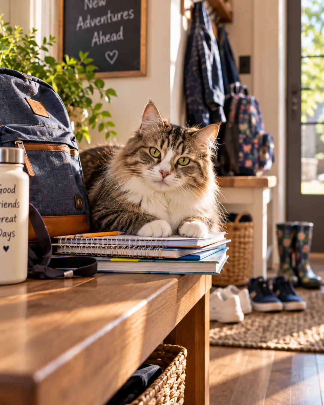 A fluffy tabby cat sits atop school notebooks beside a backpack in a sunny entryway, ready for the kids’ new school adventures.