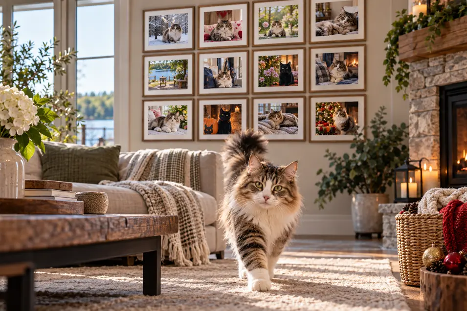 A fluffy tabby cat walks through a cozy living room where a gallery wall displays photos of cats enjoying every season of the year.