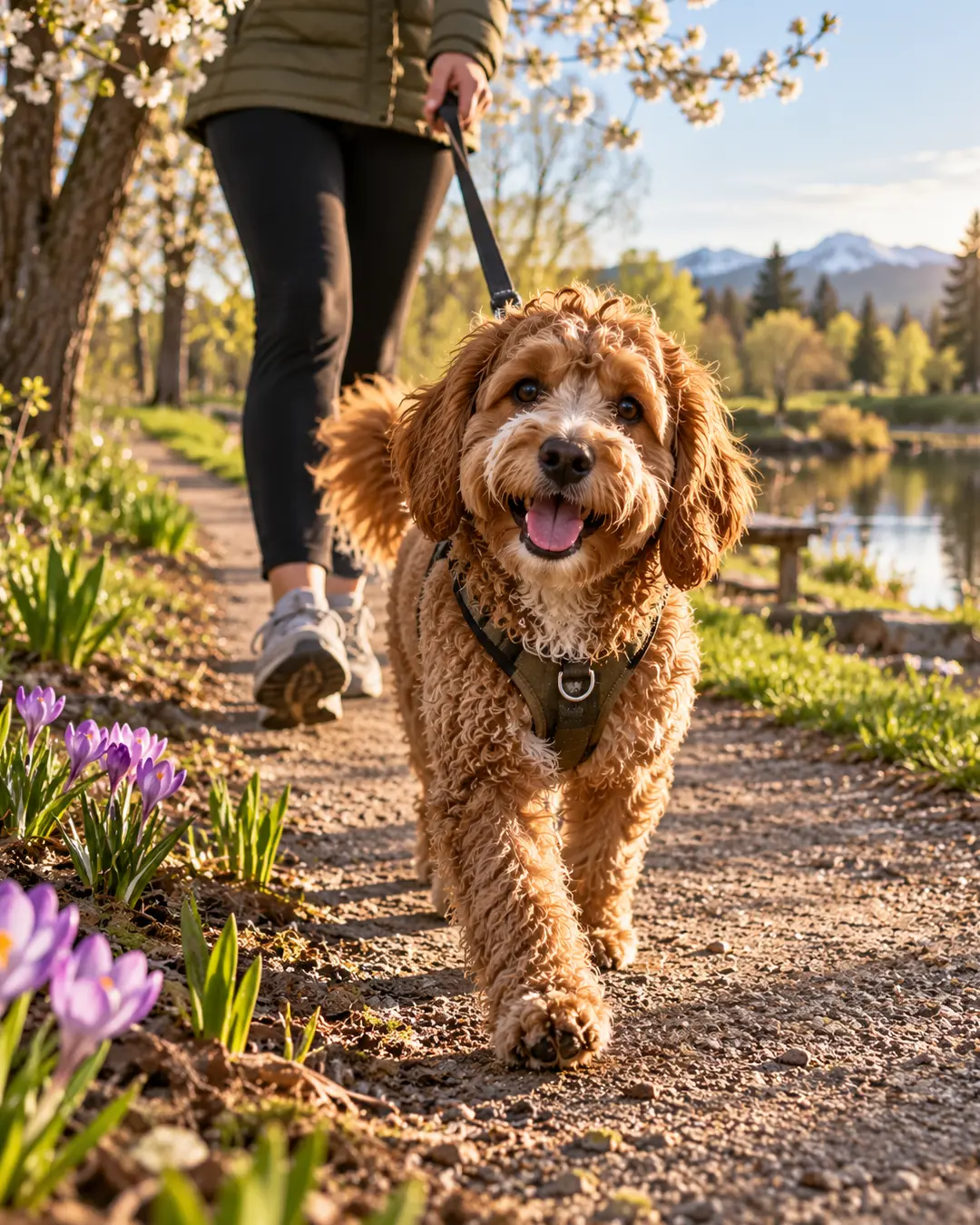 A happy curly-haired dog enjoys a spring walk beside a peaceful lake, surrounded by blooming flowers and snow-capped mountains.