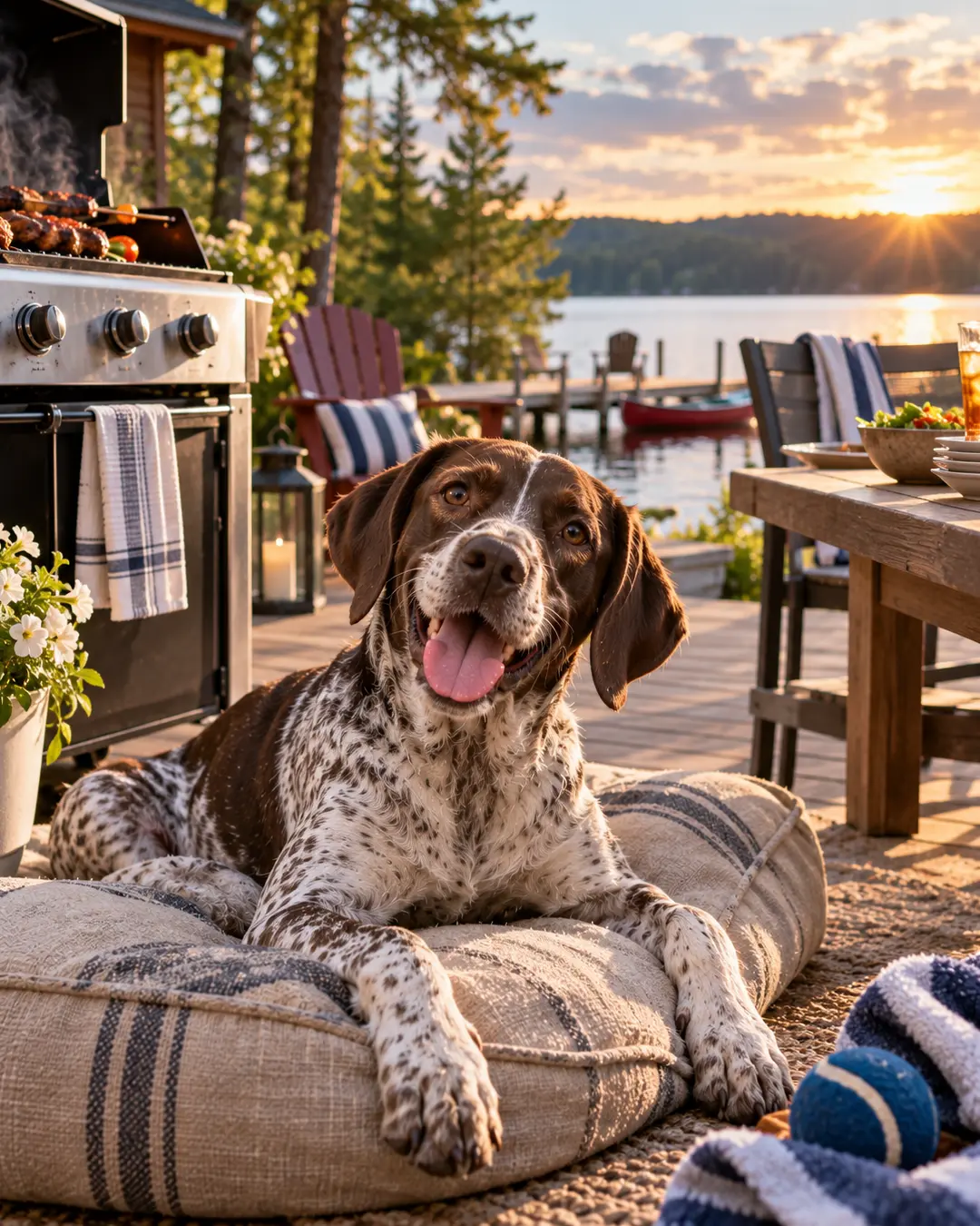 A happy brown-and-white dog relaxes on a cozy bed beside a lakeside barbecue as the sun sets over the water.