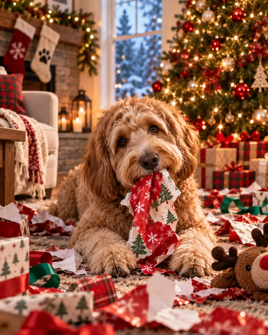 A playful curly-haired dog tears into Christmas wrapping paper beside the tree, surrounded by opened gifts, ribbons and festive decorations.