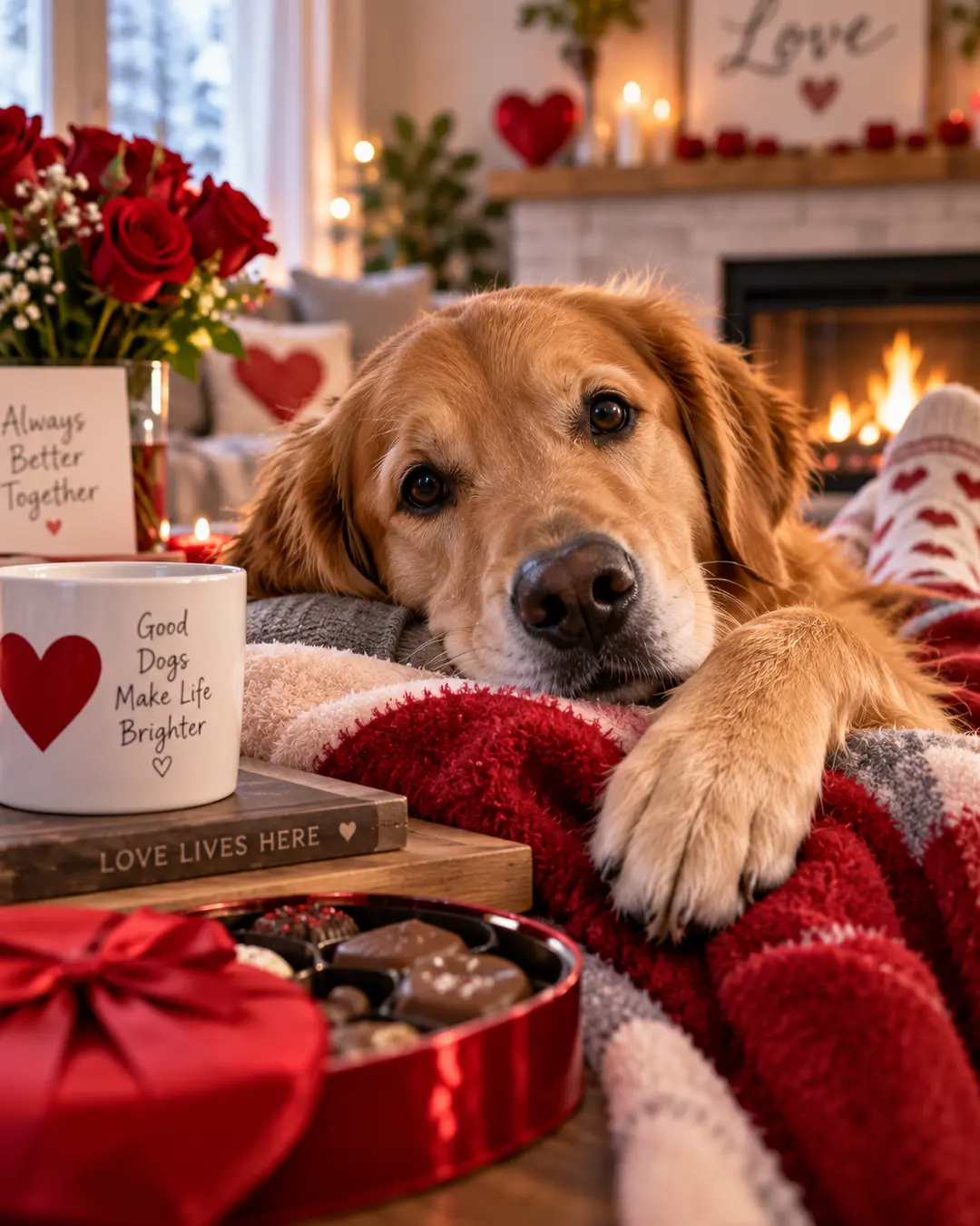 A Golden Retriever relaxes beneath a cozy blanket in a Valentine’s Day setting filled with red roses, hearts, candles and chocolates.