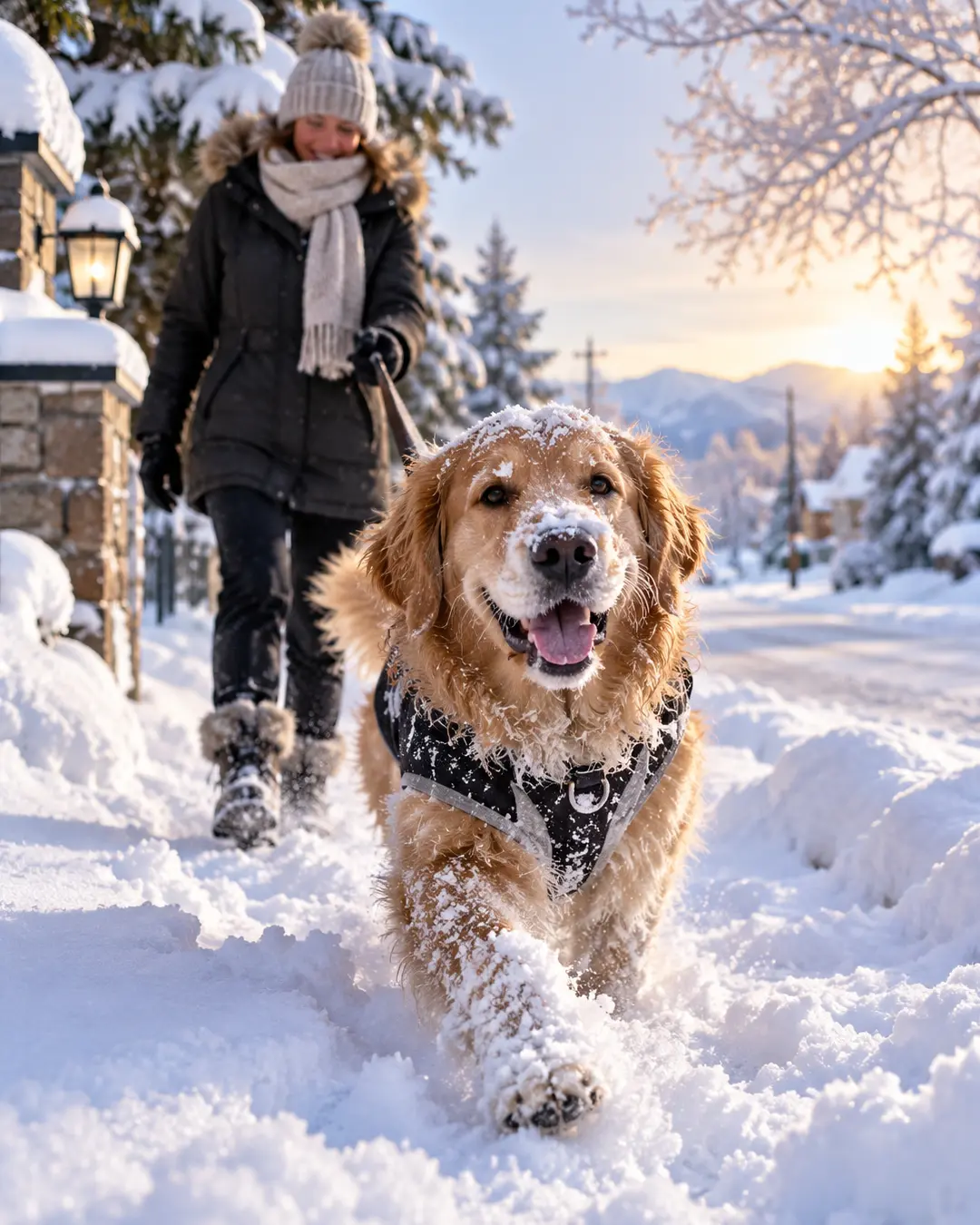 A happy Golden Retriever bounds through deep snow on a winter walk, with its bundled-up owner following behind at sunrise.
