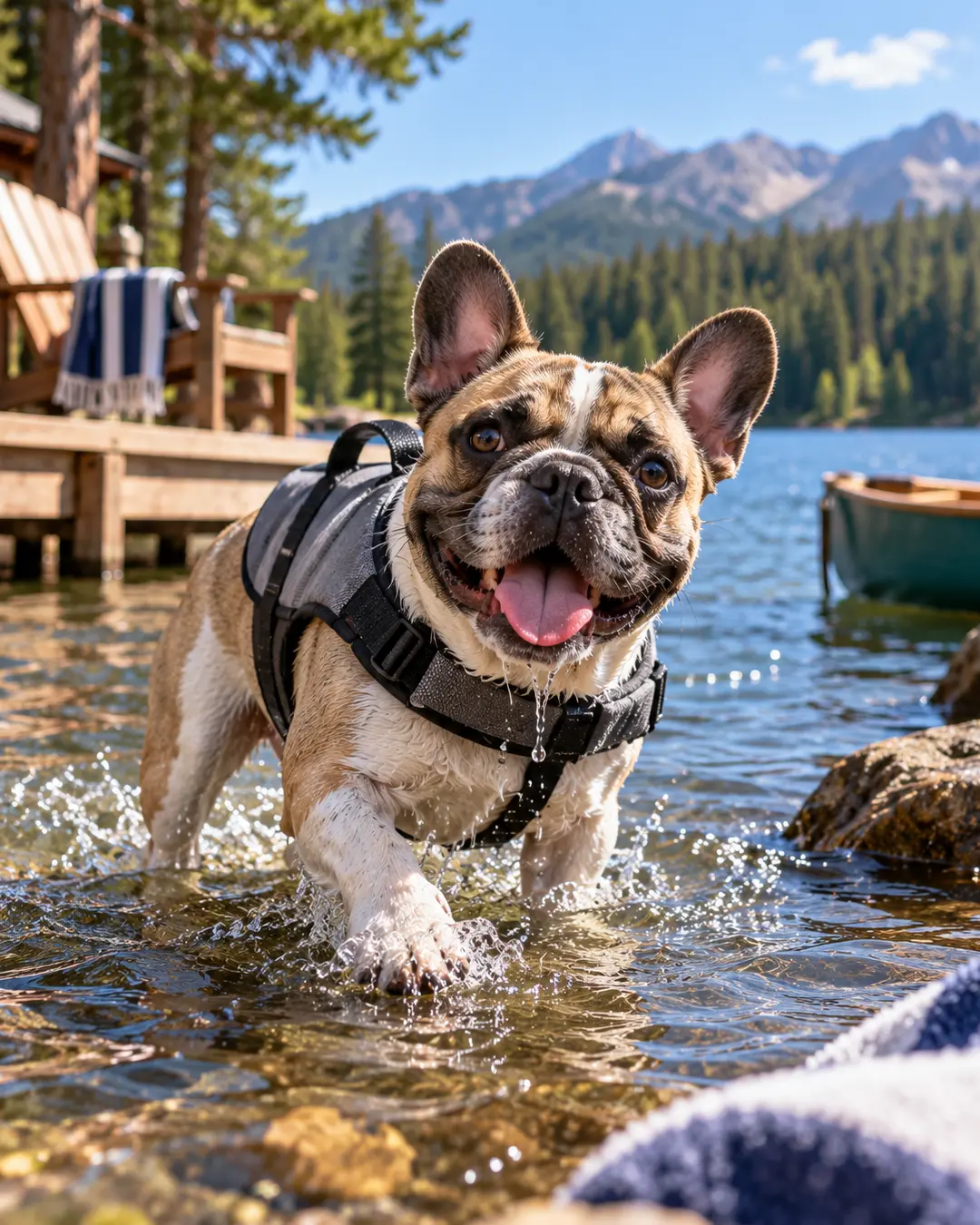 A happy French Bulldog splashes through a clear mountain lake wearing a life jacket, with a canoe and forested peaks behind.