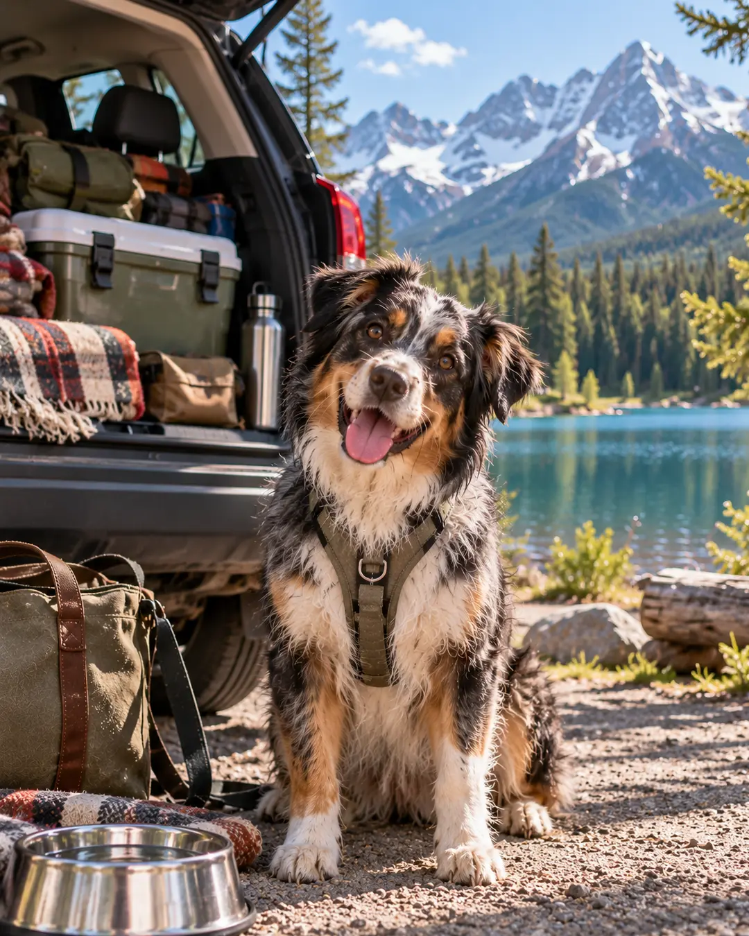 A happy Australian Shepherd sits beside a packed SUV at a mountain lake, ready for a summer road trip and outdoor adventure.