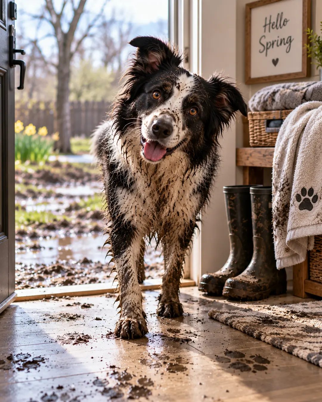 A muddy black-and-white dog happily comes inside after a spring adventure, leaving wet paw prints across the entryway floor.