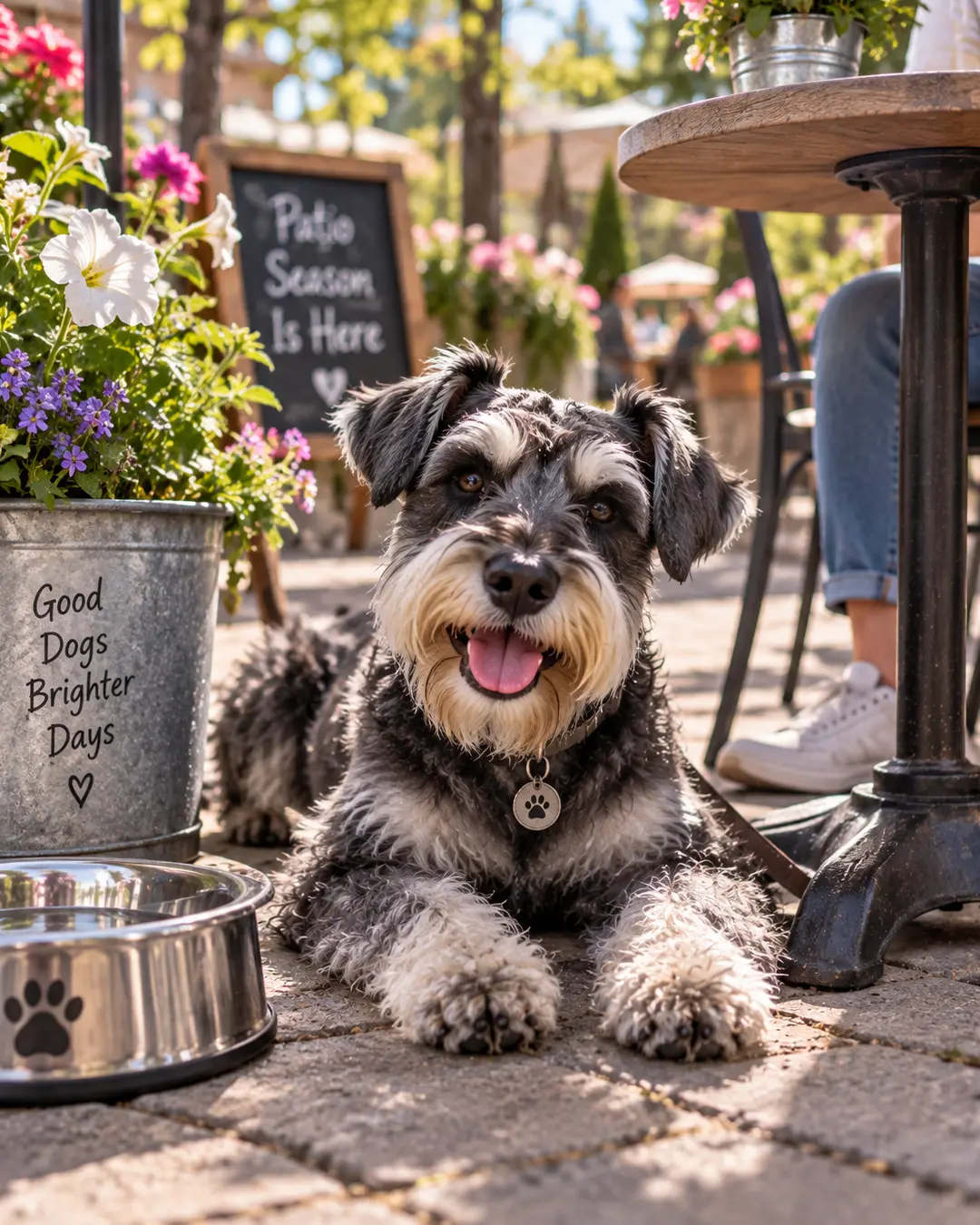 A happy Schnauzer relaxes at a sunny dog-friendly patio surrounded by colourful flowers, with a water bowl nearby.