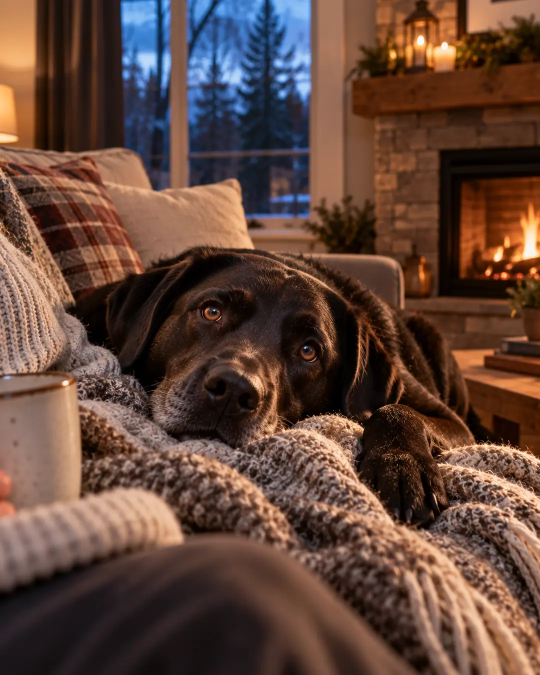 A black Labrador cuddles under a cozy blanket beside its owner, enjoying a quiet winter evening by the glowing fireplace.