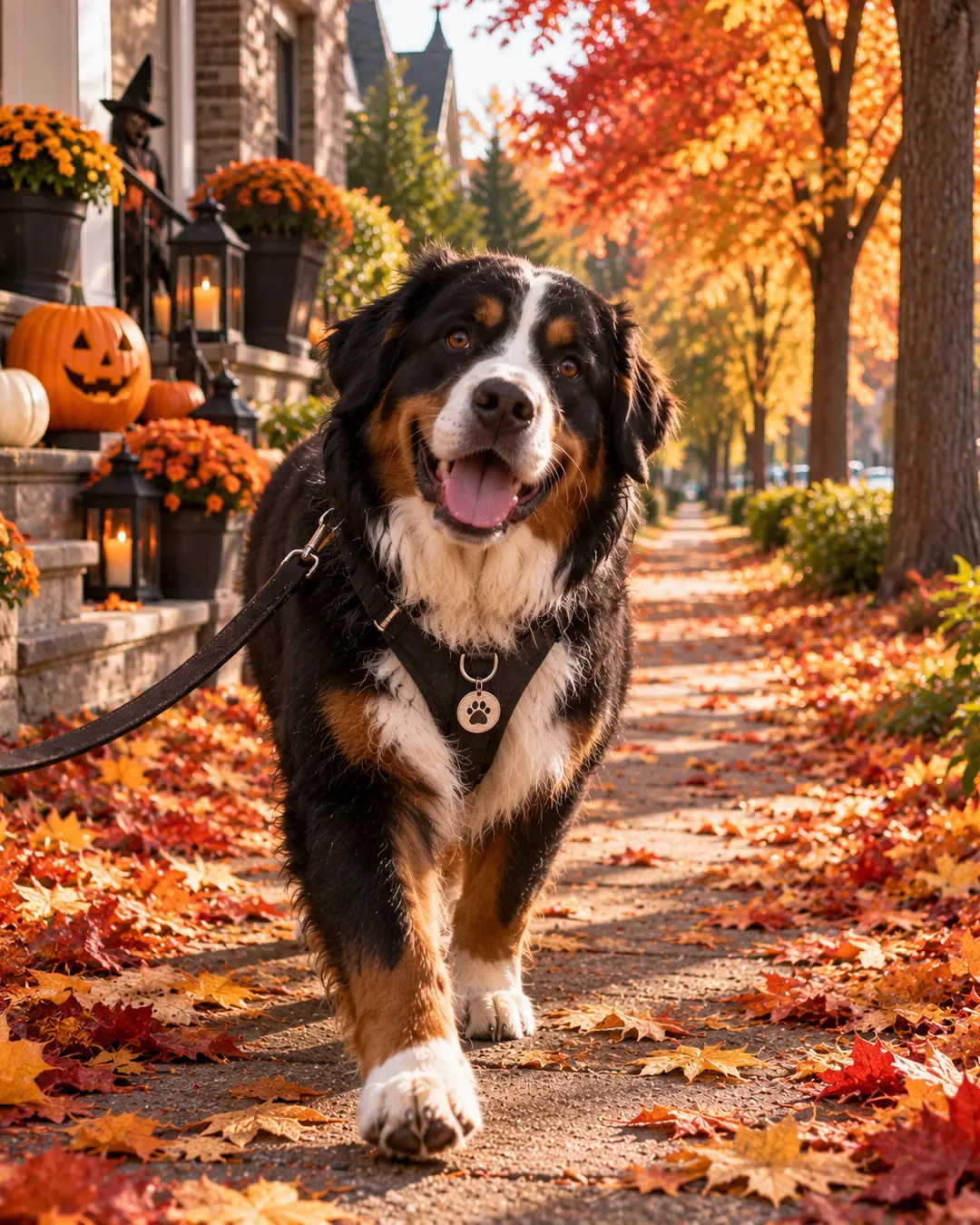 A happy Bernese Mountain Dog enjoys an autumn walk along a leaf-covered sidewalk lined with pumpkins and colourful fall decorations.