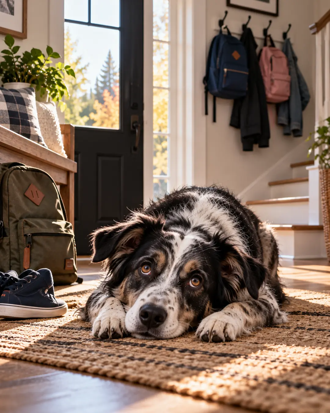 A sad-looking Australian Shepherd rests by the front door as backpacks and shoes signal the kids are heading back to school.