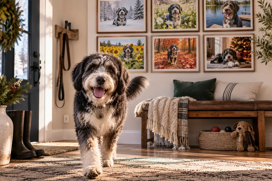 A happy black-and-white dog walks through a cozy entryway beneath a gallery wall filled with photos of adventures throughout the year.