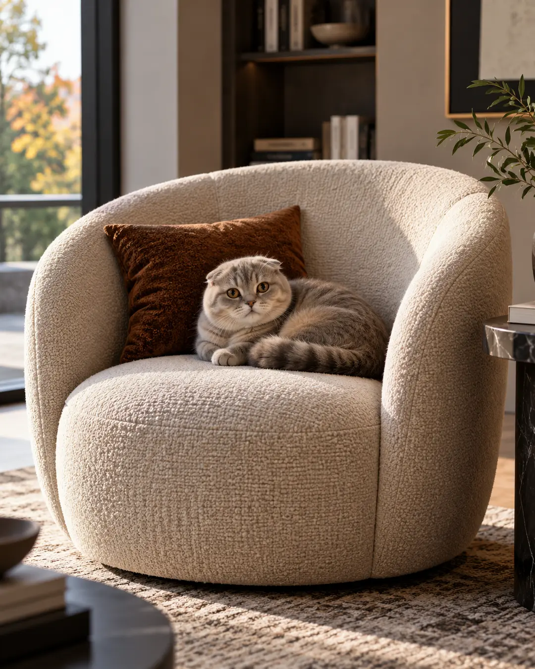 A Scottish Fold curls into a cozy bouclé barrel chair, perfectly echoing its soft, rounded shape in a warm, modern living room.