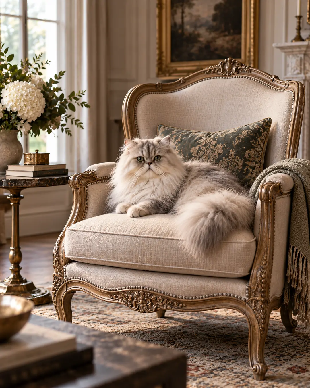 A fluffy Persian cat claims an ornate French-style accent chair, perfectly at home among carved wood, elegant fabrics and traditional decor.