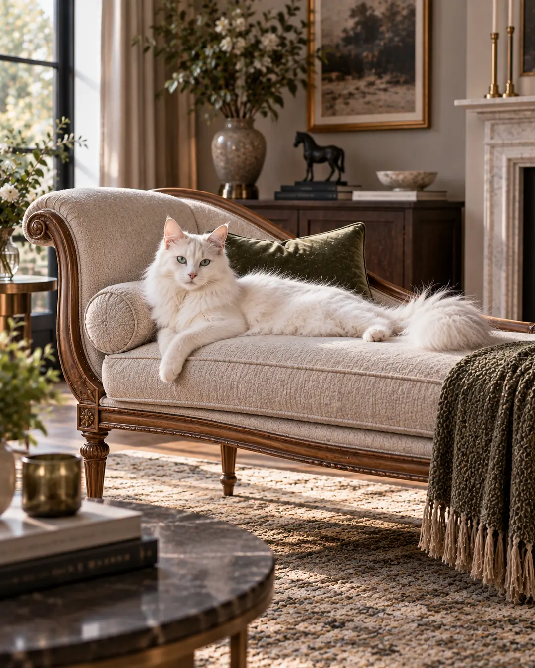 A fluffy white cat stretches across an elegant chaise lounge, perfectly complementing the graceful curves and refined traditional room.
