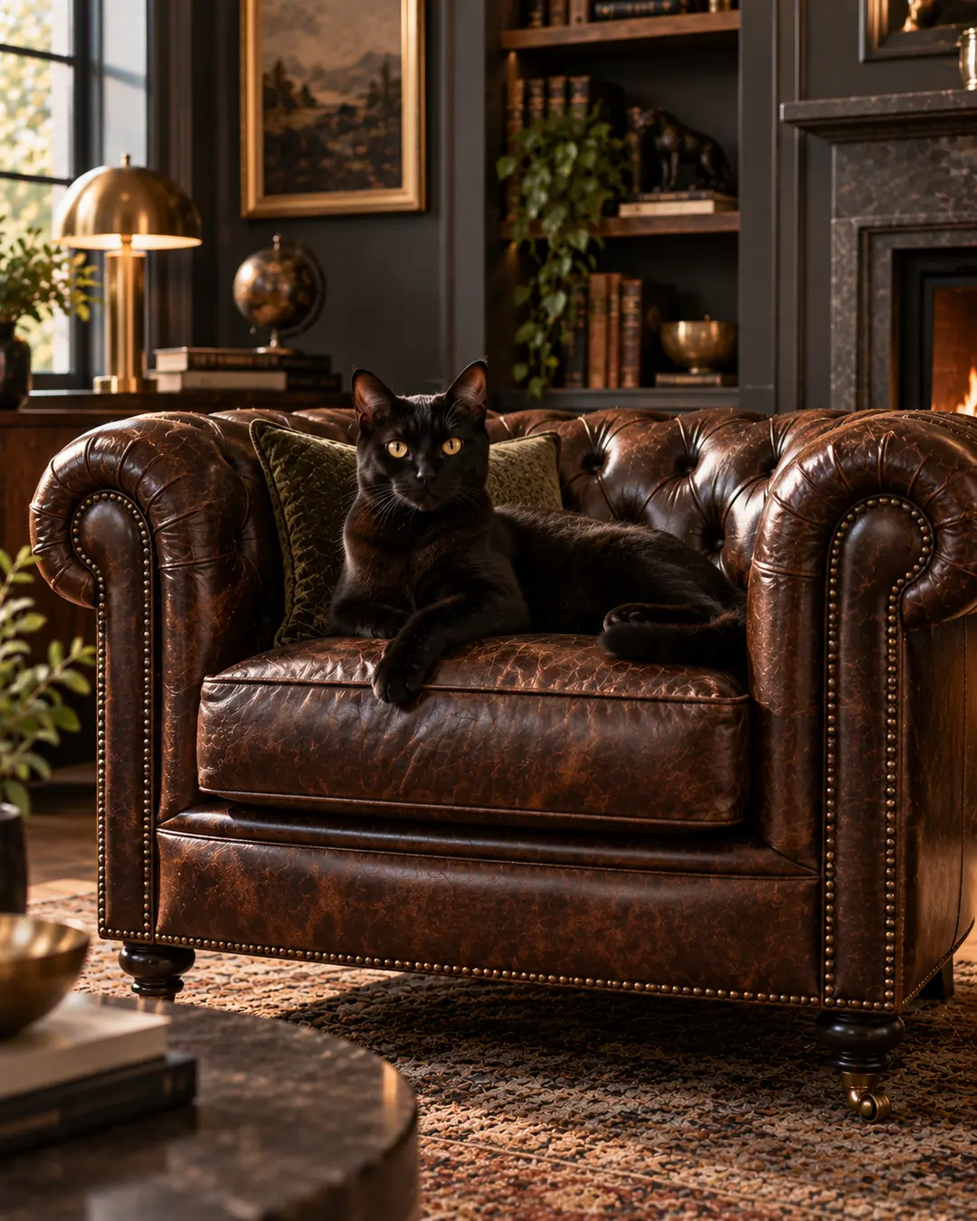 A sleek black cat lounges on a classic leather Chesterfield chair, bringing effortless elegance to a dark, richly layered library.