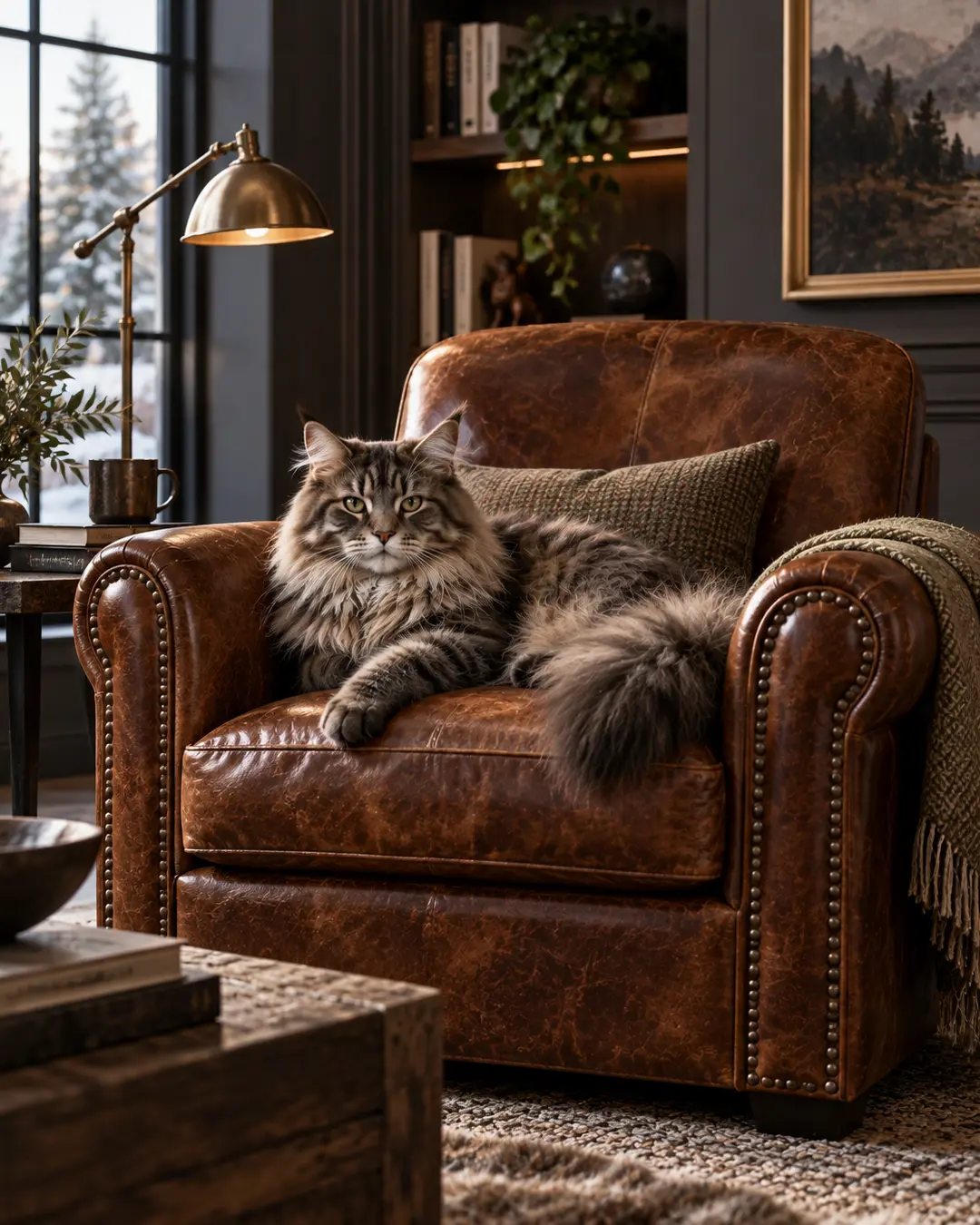 A majestic Maine Coon lounges in a rich leather club chair, bringing old-world character and quiet authority to a warm, sophisticated library.