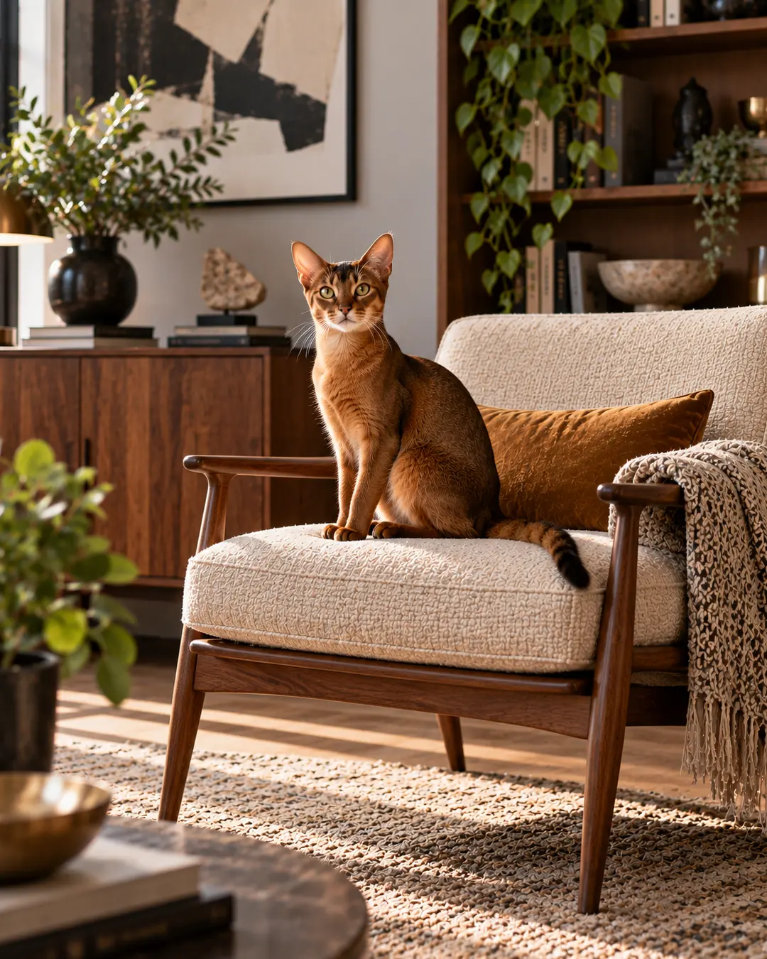 An elegant Abyssinian cat sits proudly on a mid-century modern chair, surrounded by warm wood, textured fabrics and sophisticated decor.