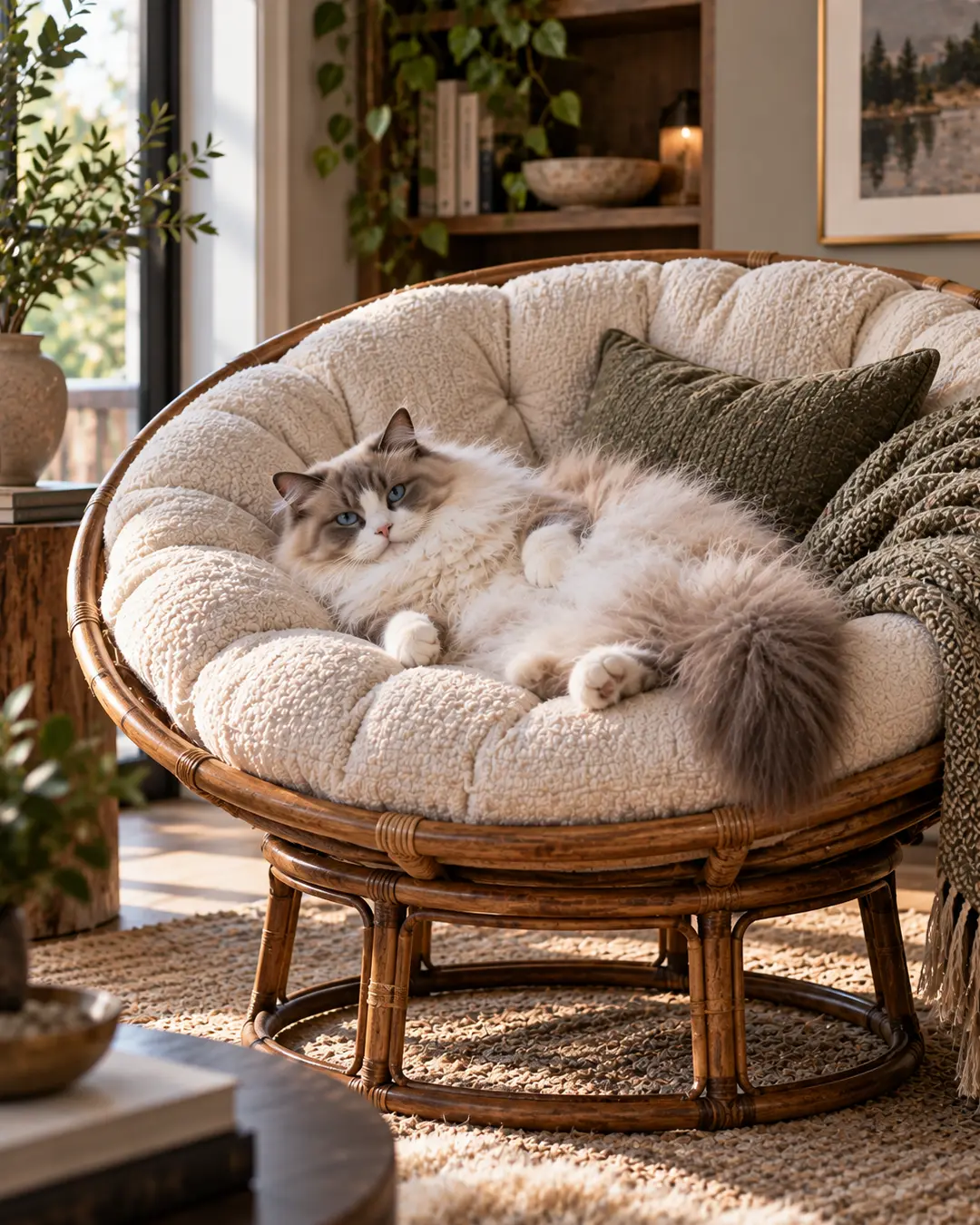 A fluffy Ragdoll stretches out in a cushioned papasan chair, turning the oversized, nest-like seat into the ultimate cat lounging spot.