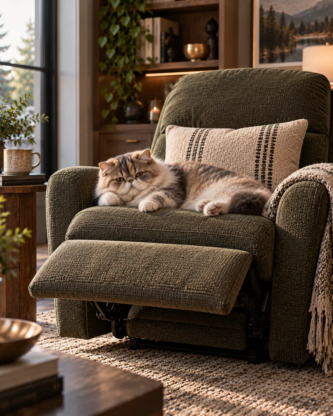 A fluffy Exotic Shorthair settles into a deep green recliner, looking completely at home with the footrest up and relaxation fully underway.