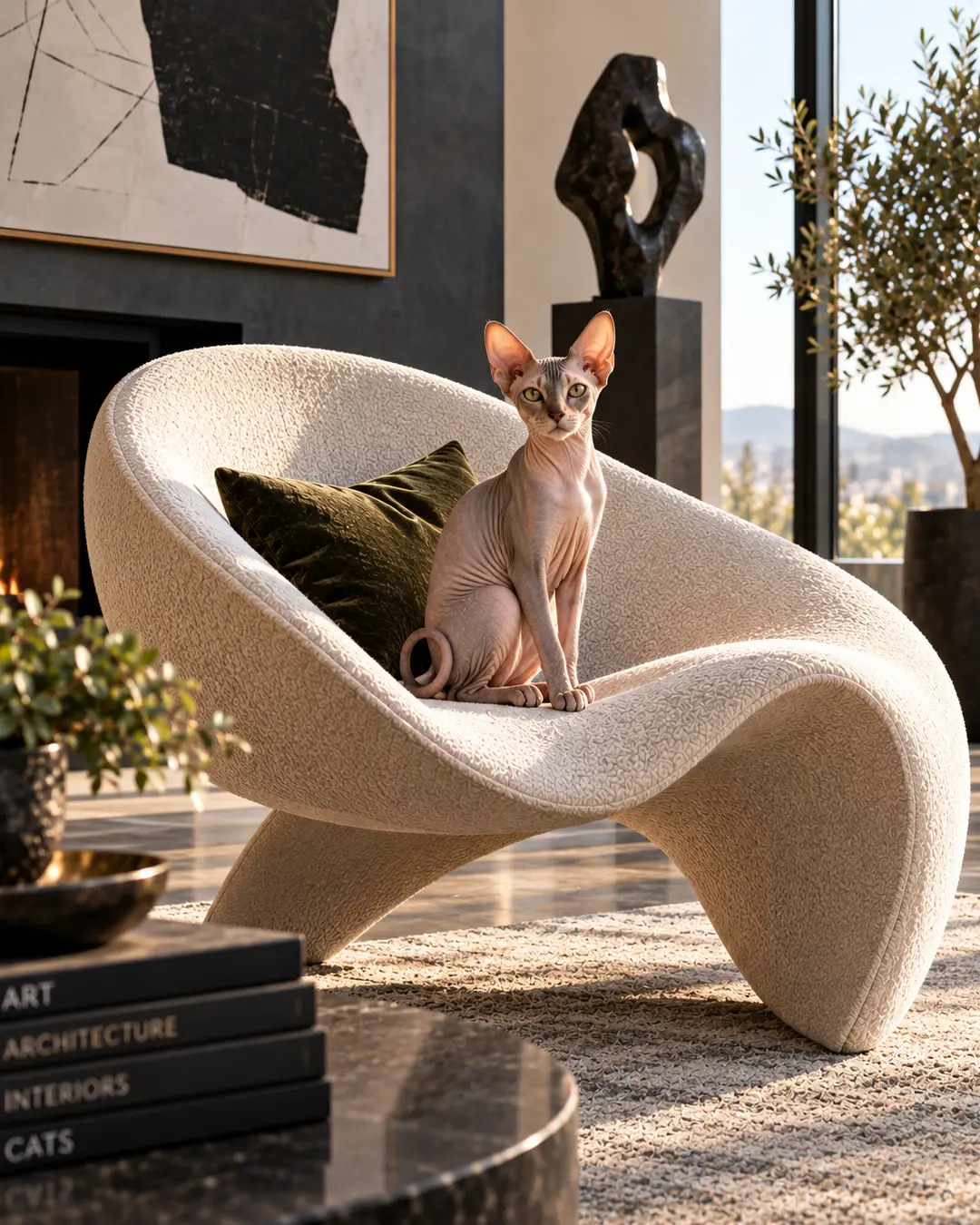 A sleek Sphynx cat perches on a sculptural statement chair, its striking form perfectly suited to the art-filled contemporary interior.