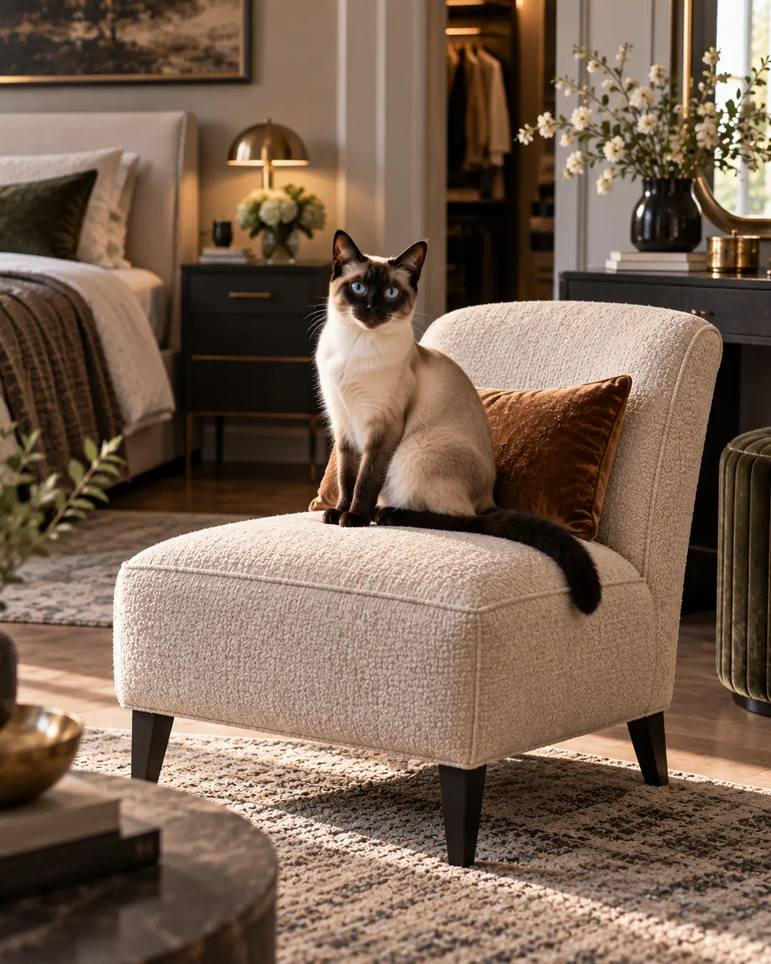 A sleek Siamese cat sits proudly on a soft armless accent chair, adding an elegant presence to a warm, sophisticated bedroom.
