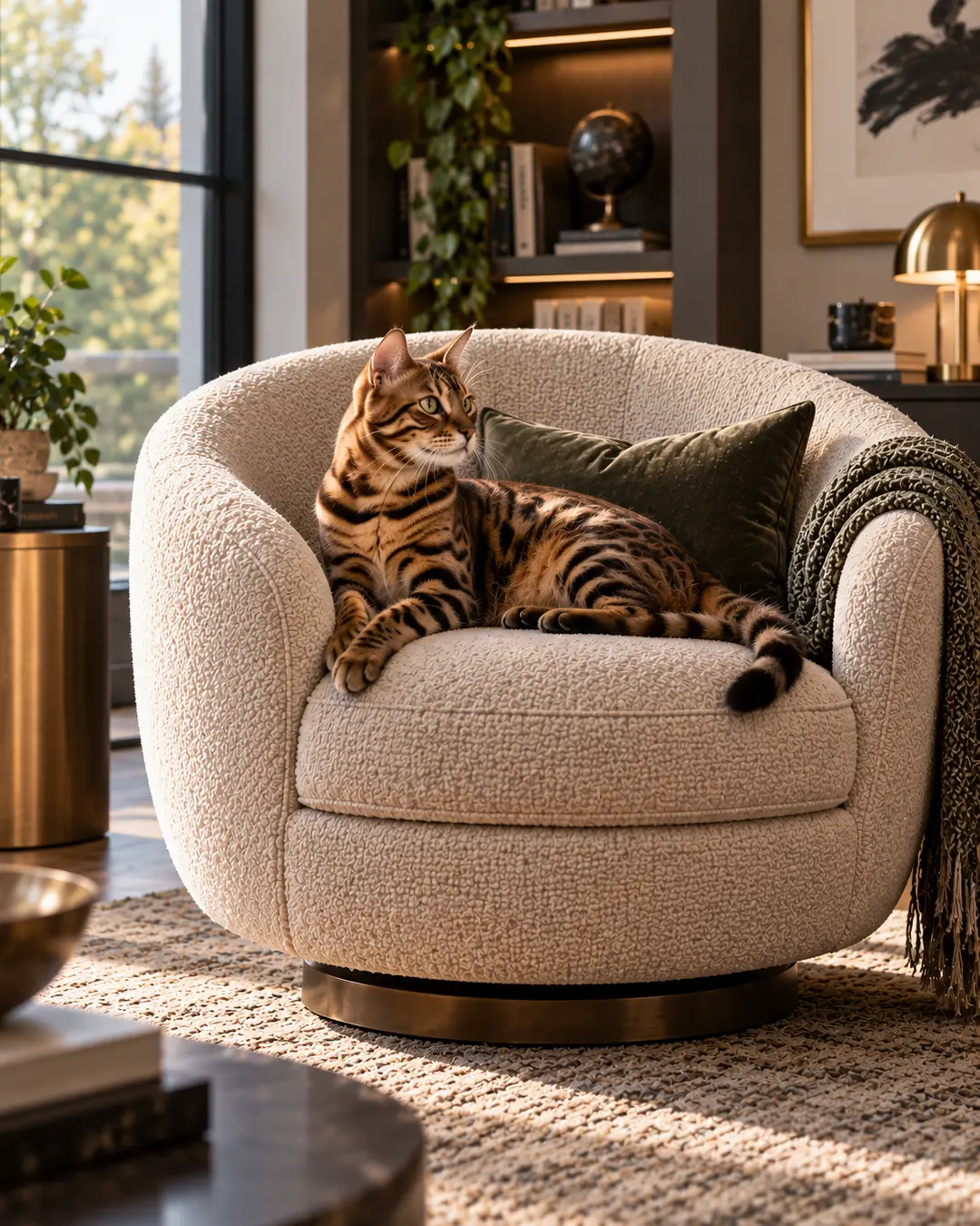 A striking Bengal cat lounges on a plush swivel chair, its bold markings adding even more personality to a warm, sophisticated living room.