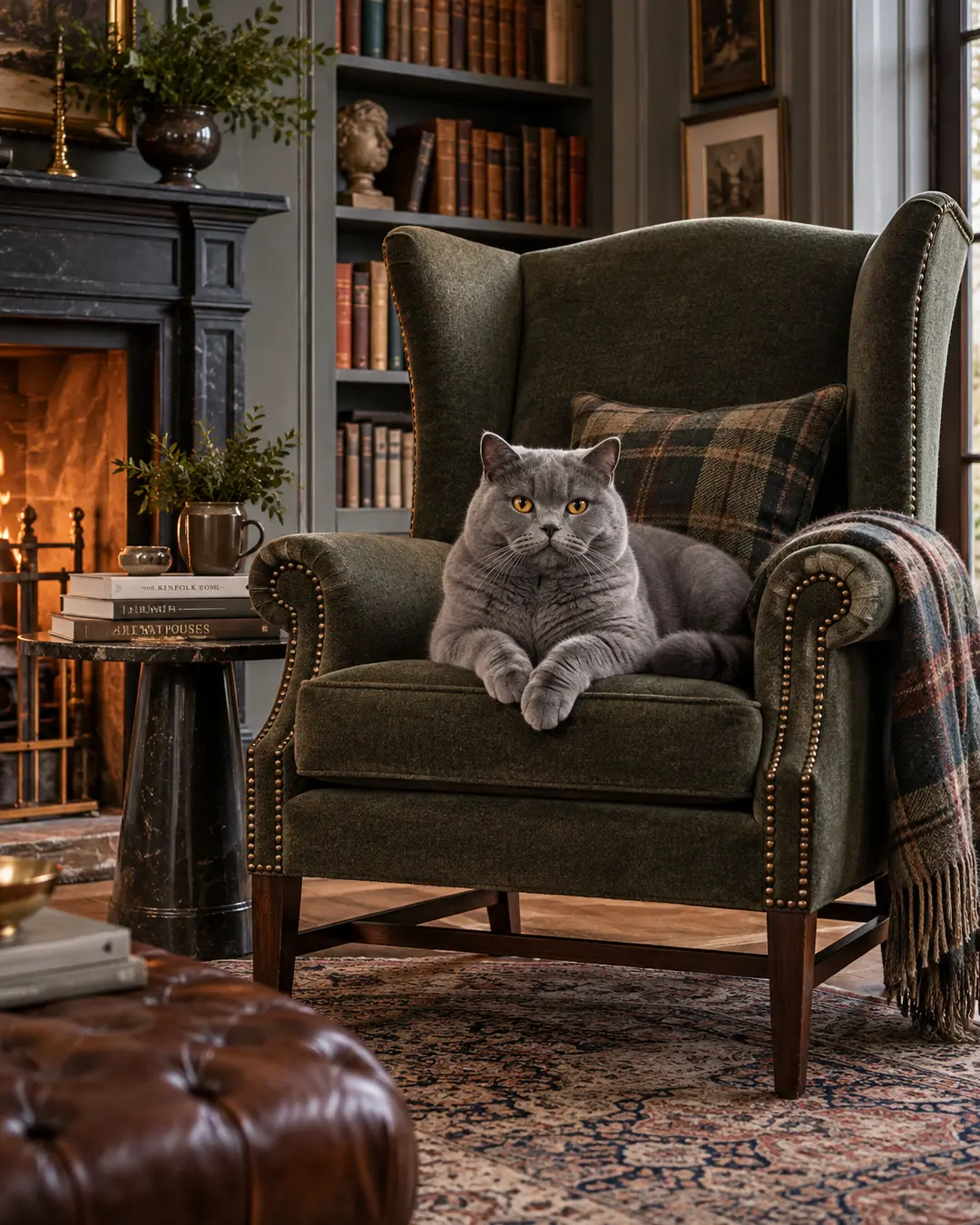 Classic library with a British Shorthair claiming a deep green wingback chair beside the fireplace, surrounded by books, tartan and rich traditional details.