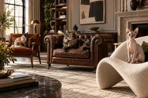 Three distinctive cats claim three very different accent chairs, turning a sophisticated living room into a showcase of feline personality and furniture.