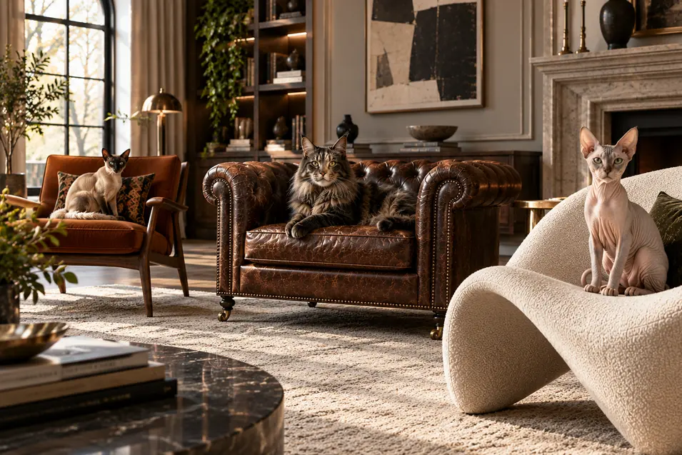 Three distinctive cats claim three very different accent chairs, turning a sophisticated living room into a showcase of feline personality and furniture.
