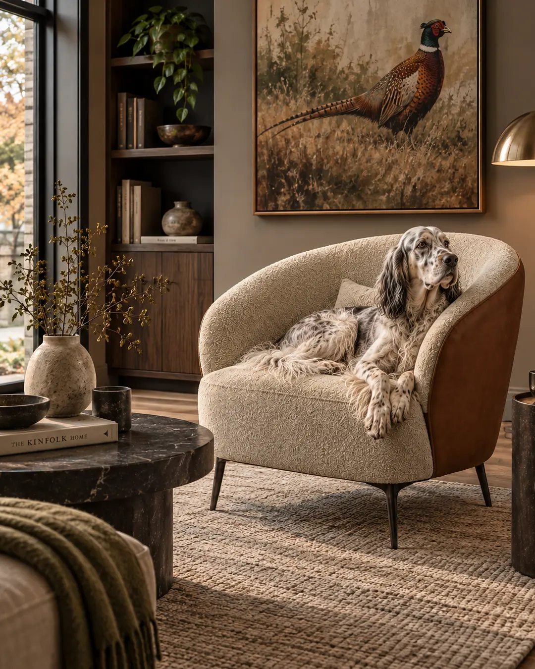 An English Setter relaxes in a sculptural cream and leather accent chair beneath dramatic pheasant art in a warm, sophisticated living room.