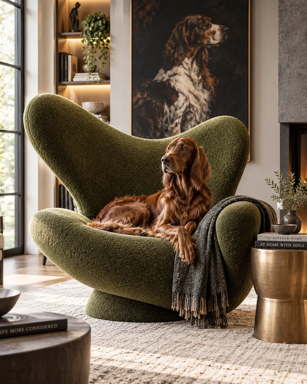An Irish Setter lounges in an oversized sculptural olive chair, surrounded by warm lighting, dark accents and a dramatic dog portrait.