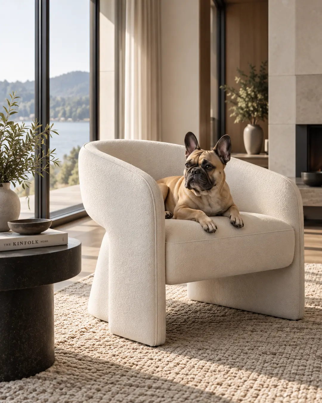 A French Bulldog lounges in a sculptural cream accent chair overlooking the lake in a warm, sophisticated contemporary living room.