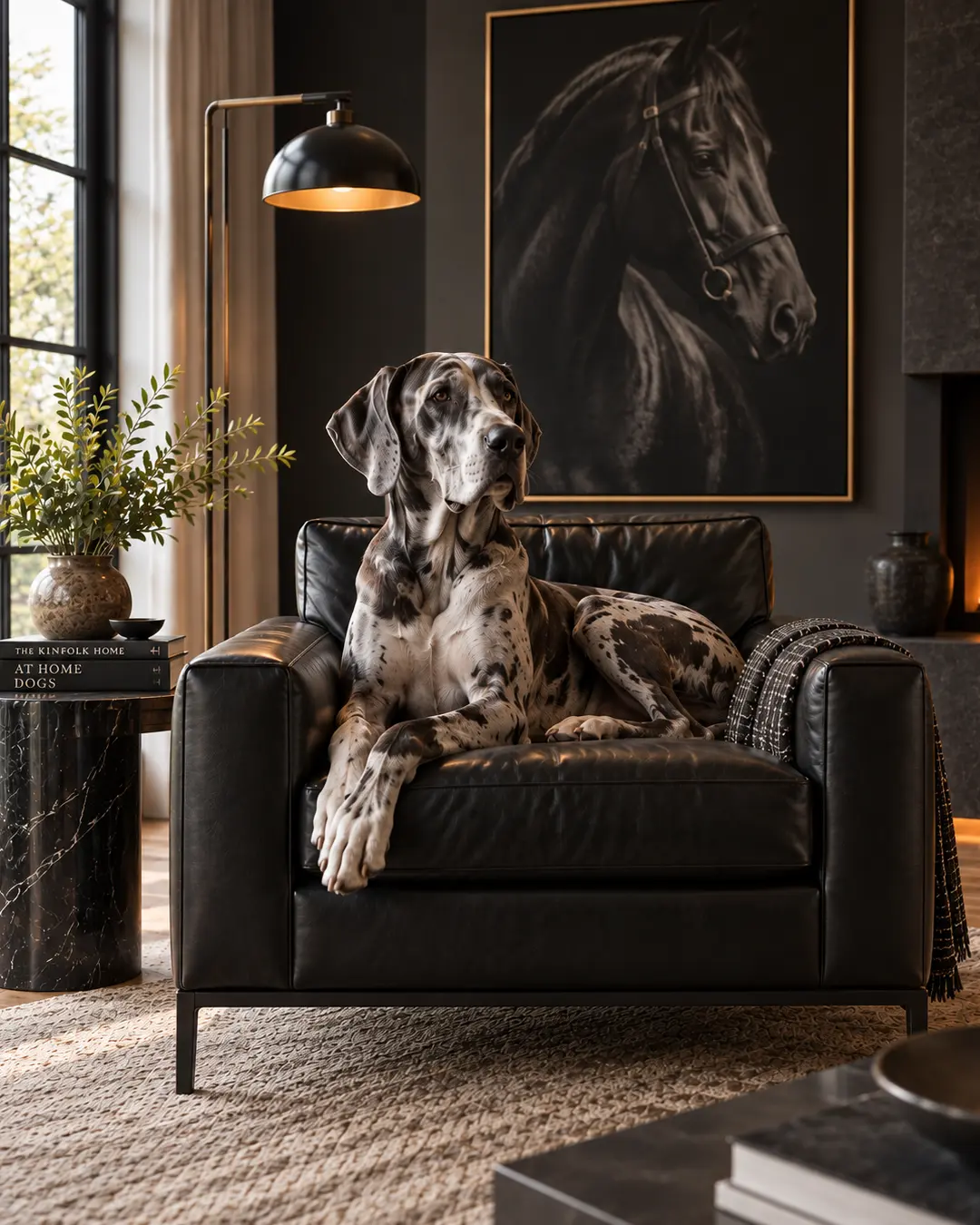 A Great Dane lounges in a black leather chair beneath a dramatic horse portrait, surrounded by dark walls, warm light and refined modern décor.