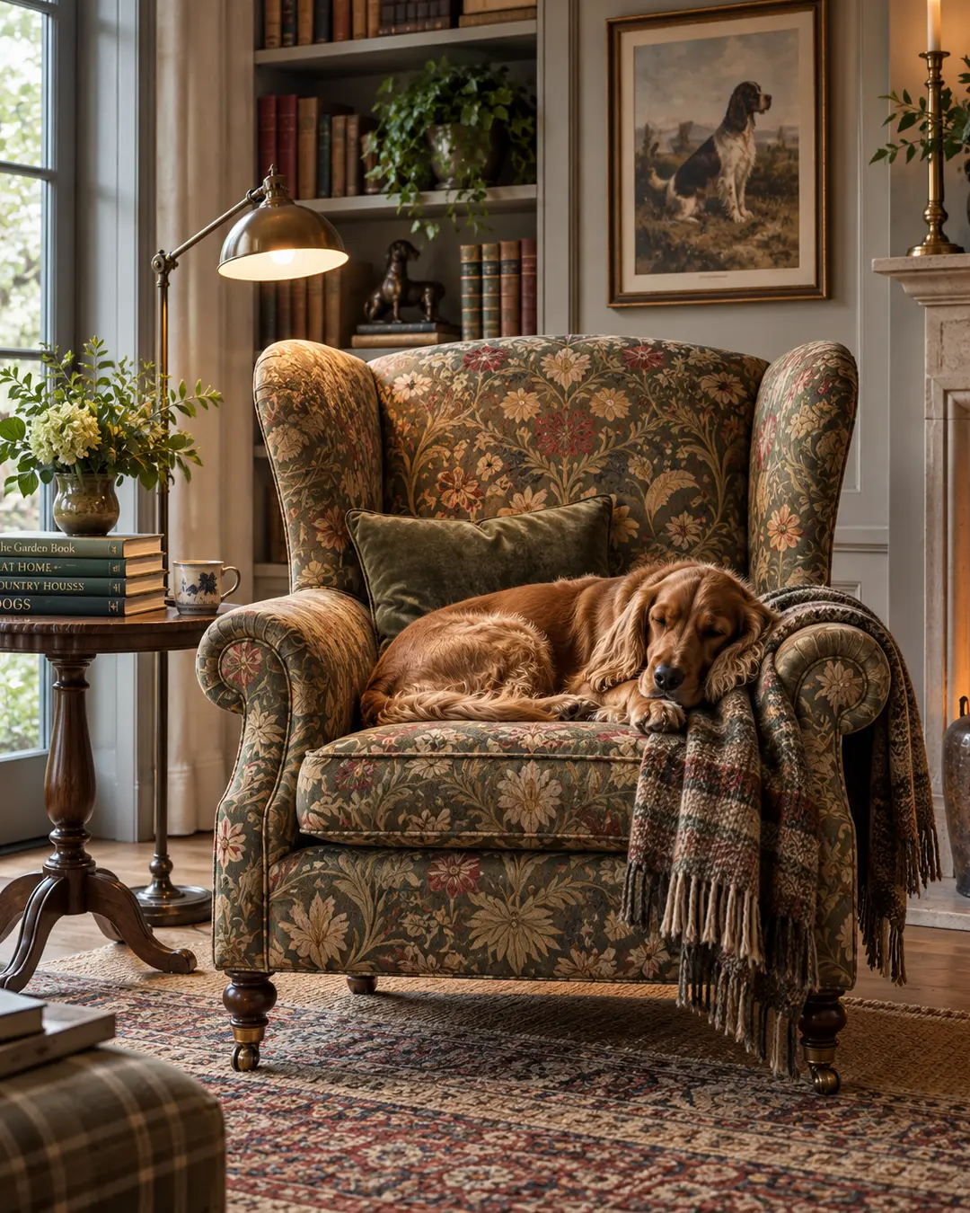 A sleeping Golden Retriever curls up in an oversized floral wingback chair surrounded by books, warm lamplight and classic English décor.