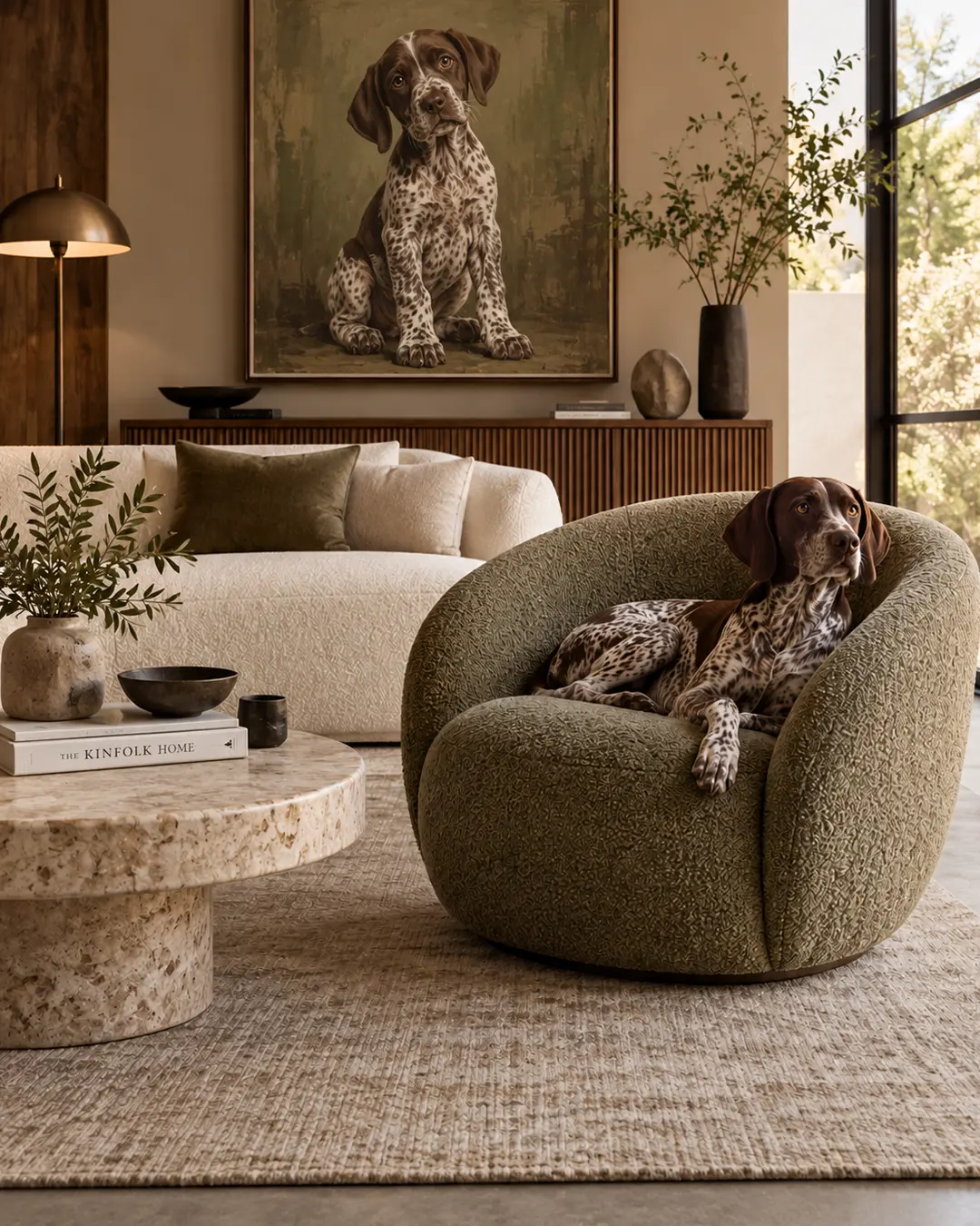 A German Shorthaired Pointer relaxes in an olive swivel chair, surrounded by warm wood, sculptural furniture and a striking dog portrait.